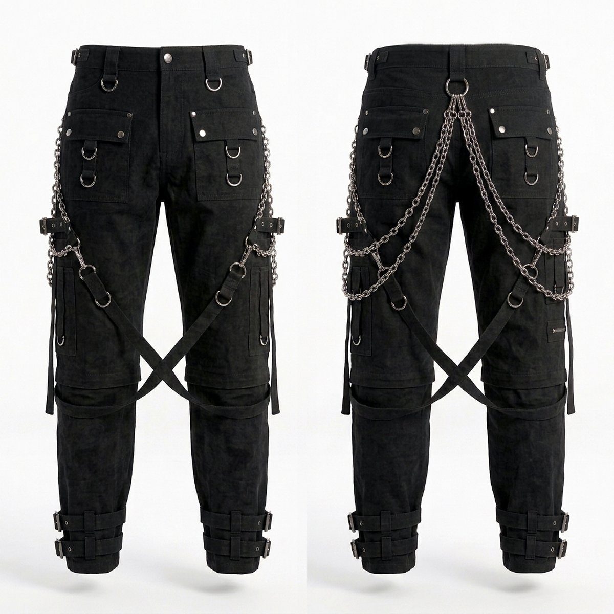 Gothic Bondage Cargo Pants - Heavy Duty Cotton Twill Techwear Trousers with Chains & Straps