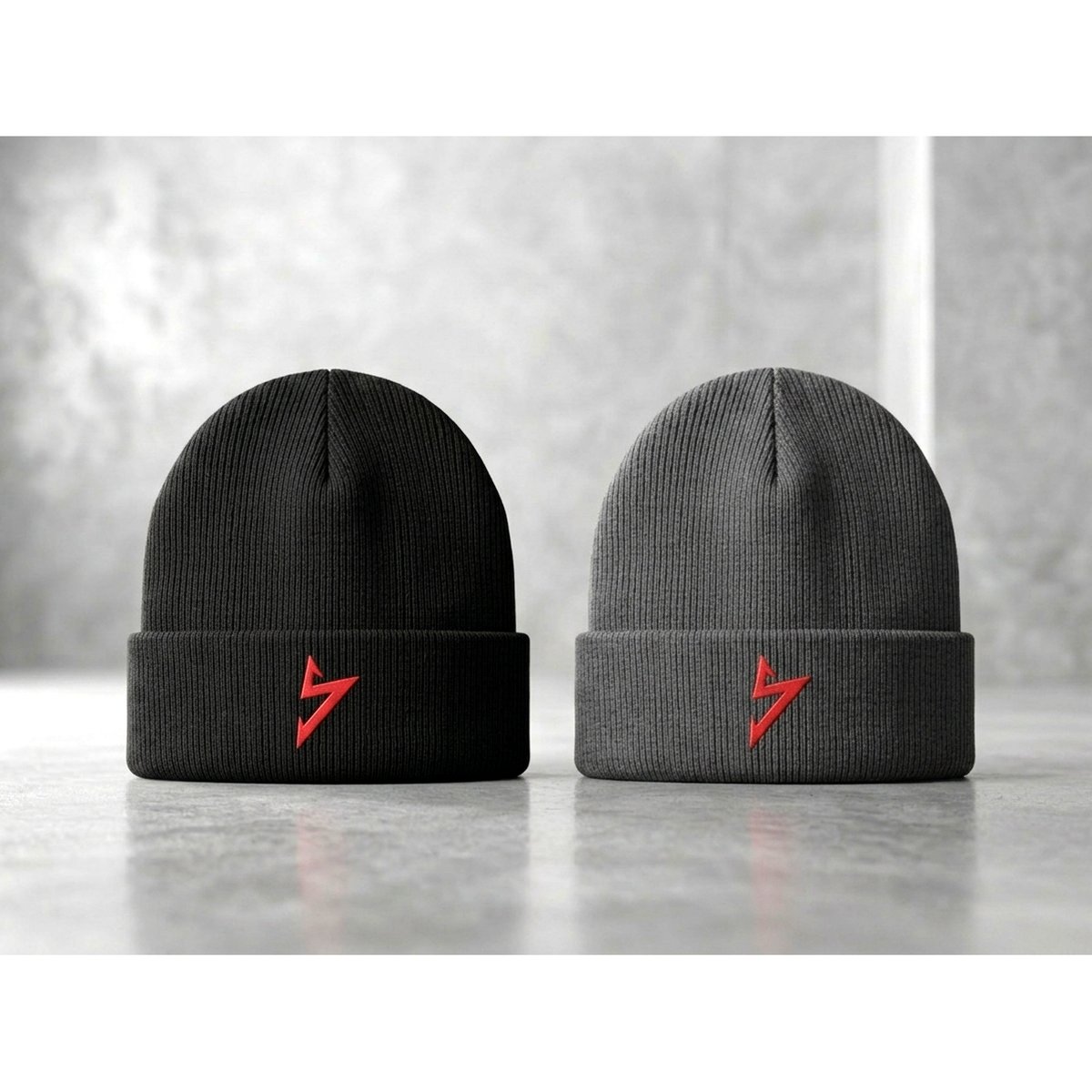 Black & Grey beanie cap for unisex, Winter beanie cap, Streetwear beanie, Knit cap with red logo