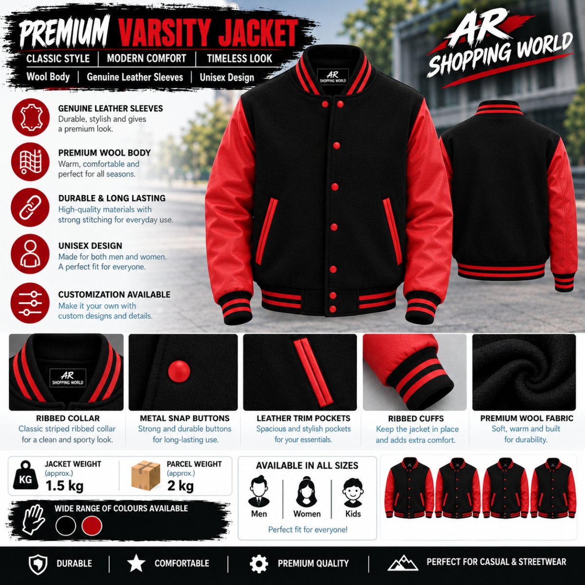 Varsity Letterman Jacket | Black Wool Body & Red Genuine Leather Sleeves | Letterman Baseball Jacket