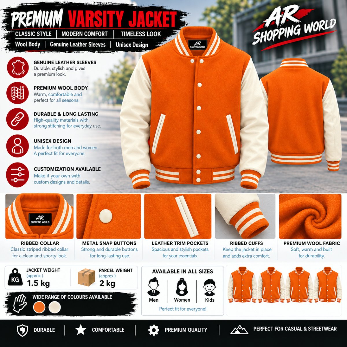 Varsity Letterman Jacket | Orange Wool Body & Genuine Leather Sleeves | Letterman Baseball Jacket