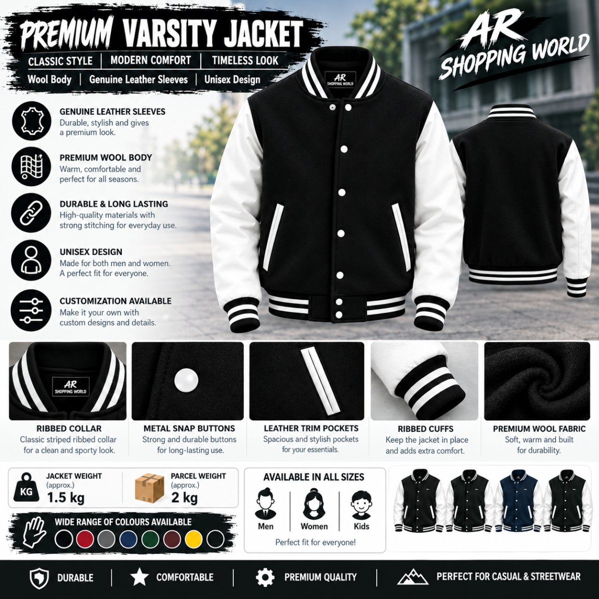 Varsity Letterman Jacket | Black Wool Body & Genuine Leather Sleeves | Letterman Baseball Jacket