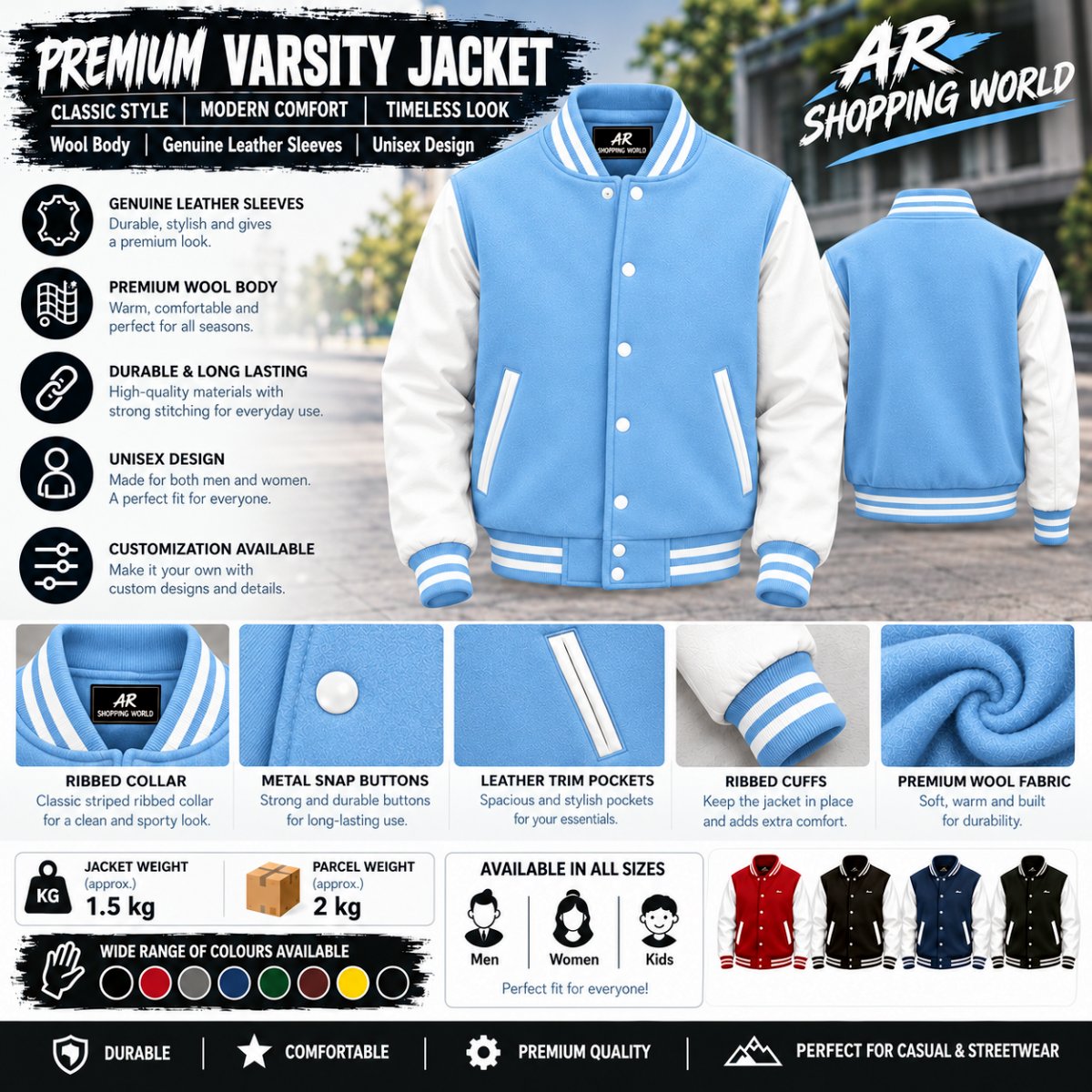 Varsity Letterman Jacket | Lite Blue Wool Body & Genuine Leather Sleeves | Letterman Baseball Jacket