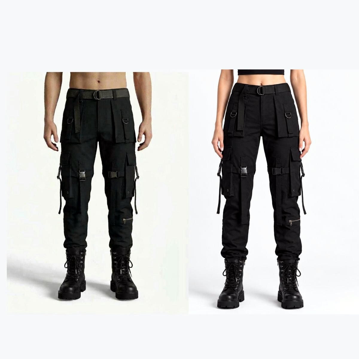 Men’s & Women’s Black Tactical Cargo Pants – Multi-Pocket Utility Trousers with Straps, Buckles & Zi