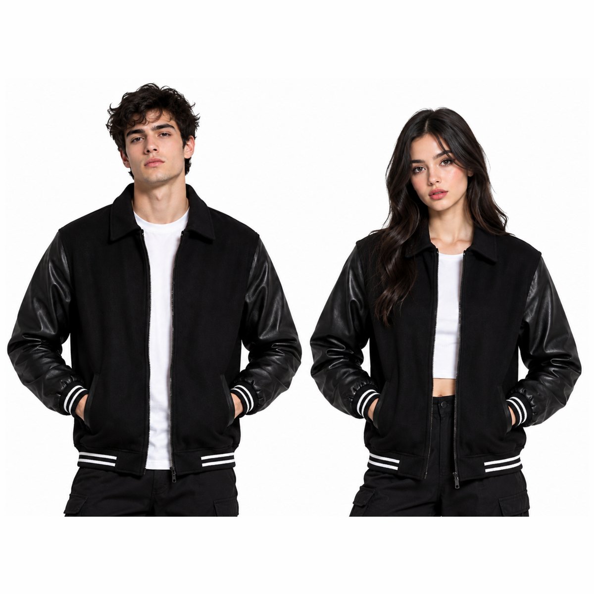 Black Varsity Jacket with Leather Sleeves, Custom Color Bomber Jacket, Unisex Streetwear