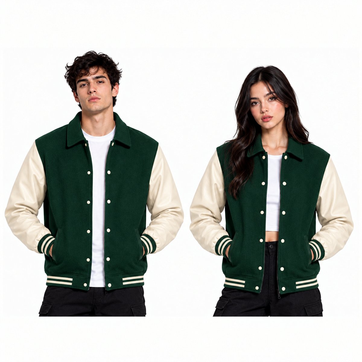 Green Varsity Jacket with Leather Sleeves, Custom Color Bomber Jacket, Unisex Streetwear
