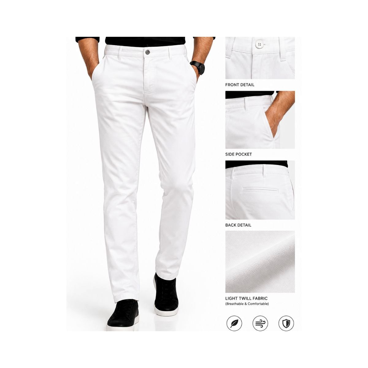 Men's Lightweight White Cotton Twill Workwear Trousers – Breathable Straight Fit Chinos