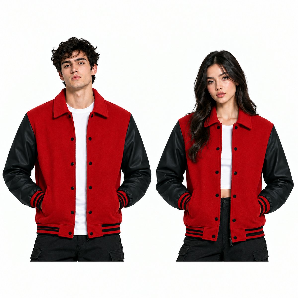 Red Varsity Jacket with Leather Sleeves, Custom Color Bomber Jacket, Unisex Streetwear