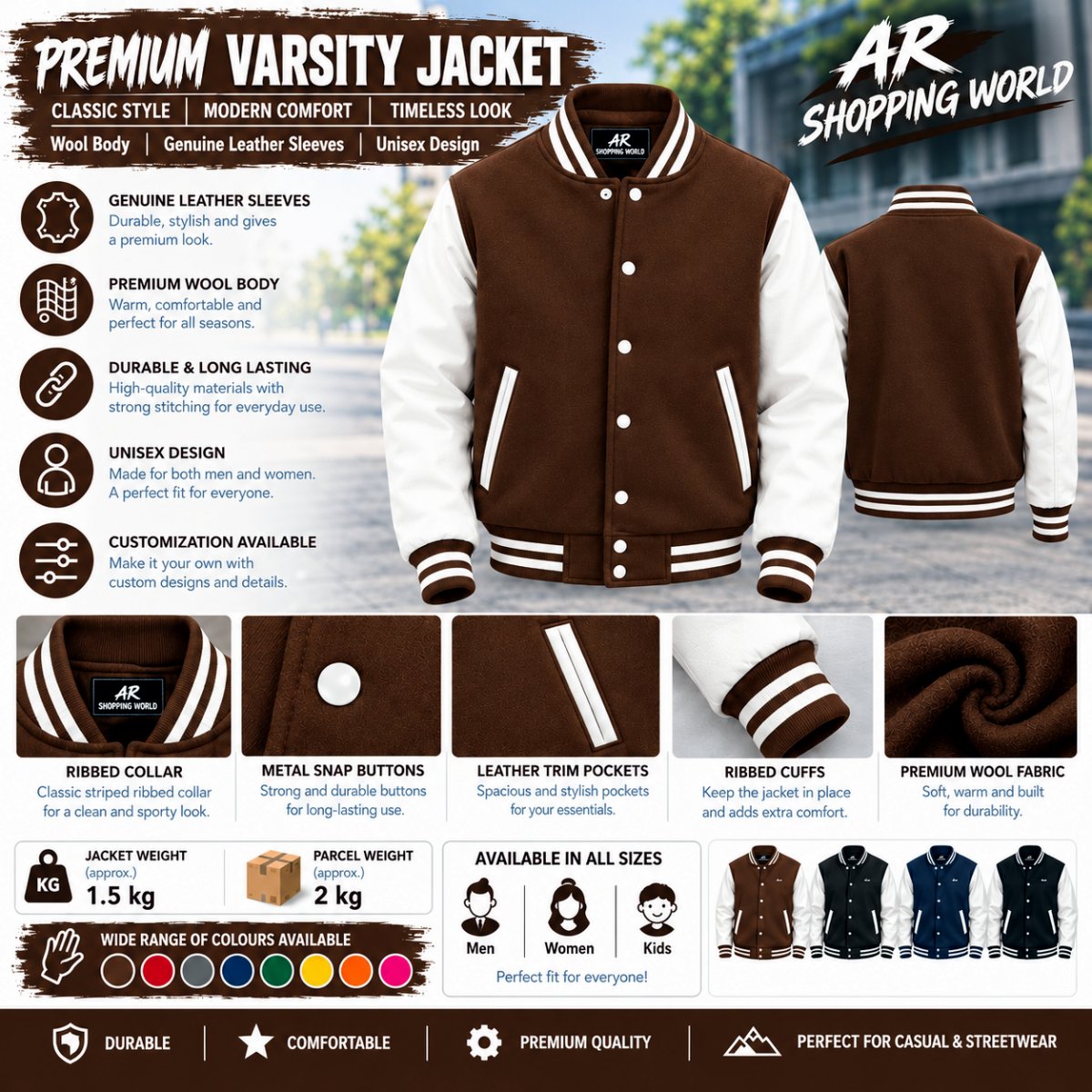 Varsity Letterman Jacket | Brown Wool Body & Genuine Leather Sleeves | Letterman Baseball Jacket