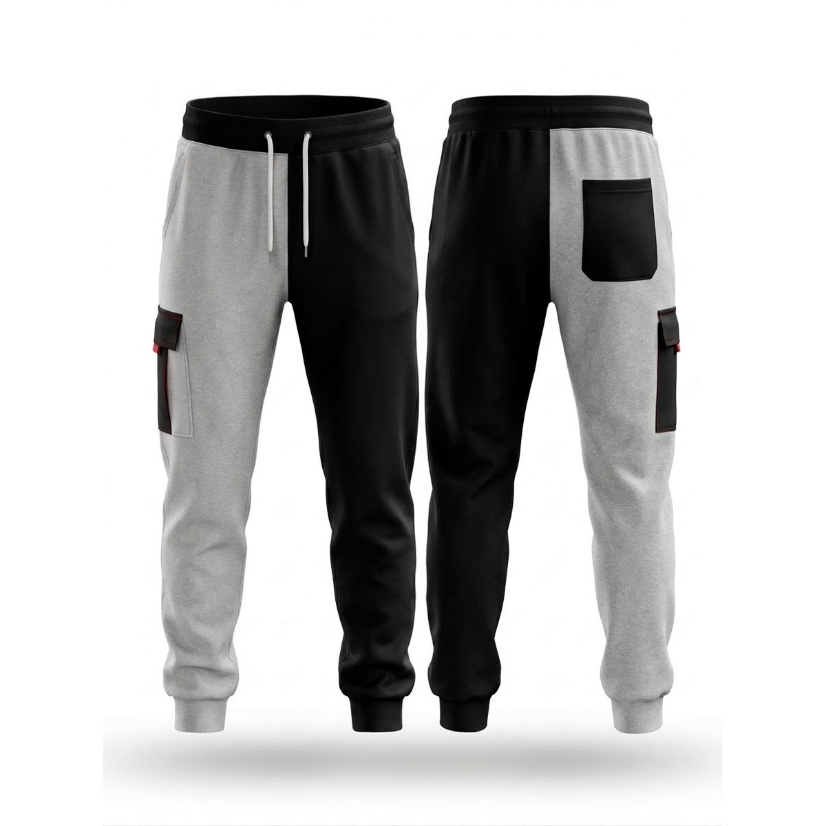 Dual-Tone Split Cargo Joggers – Black & Grey Two-Tone Sweatpants with Utility Side Pocket, Ela