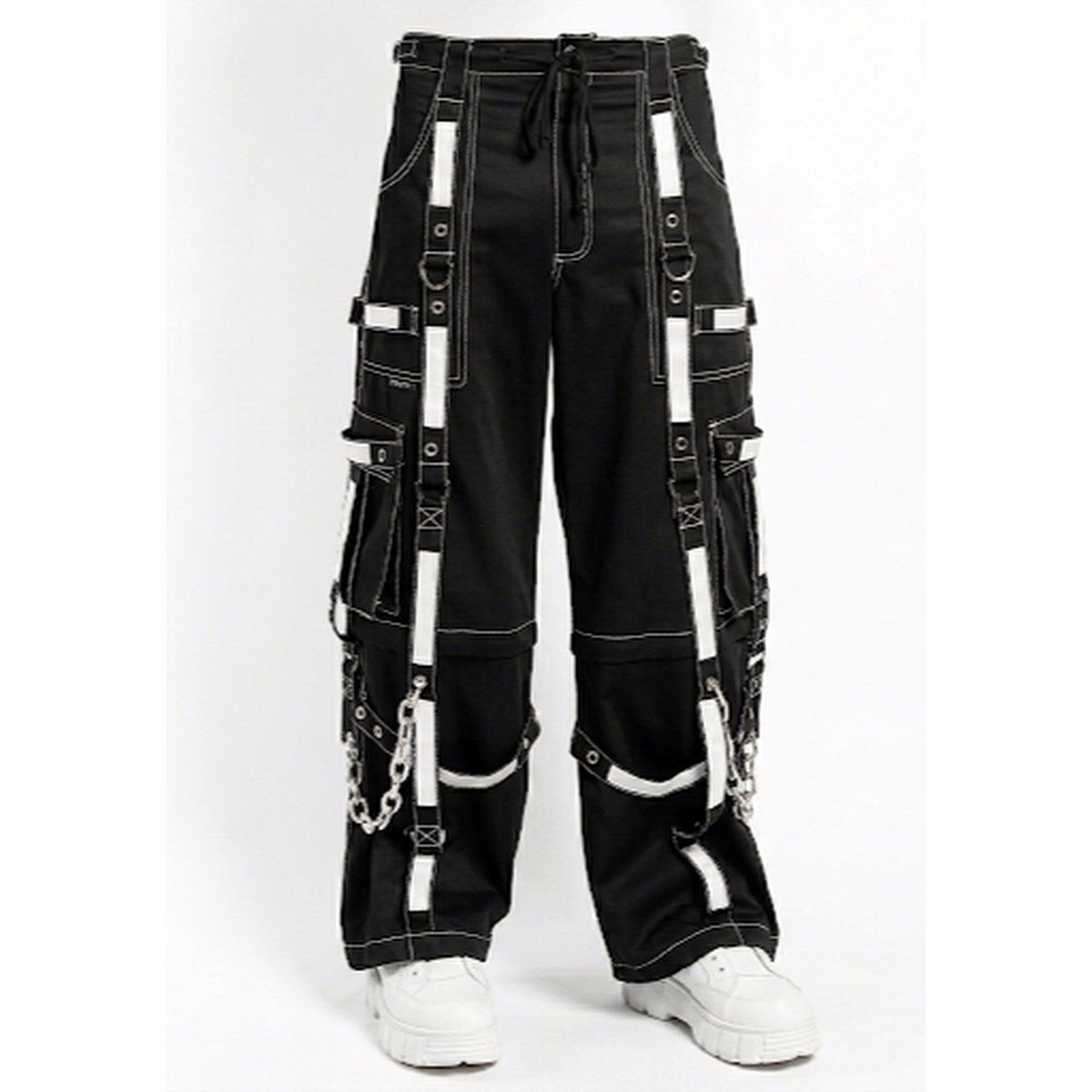 Men's Black Gothic Cyberpunk Techwear Cargo Pants with White Straps, Chains, and Eyelets