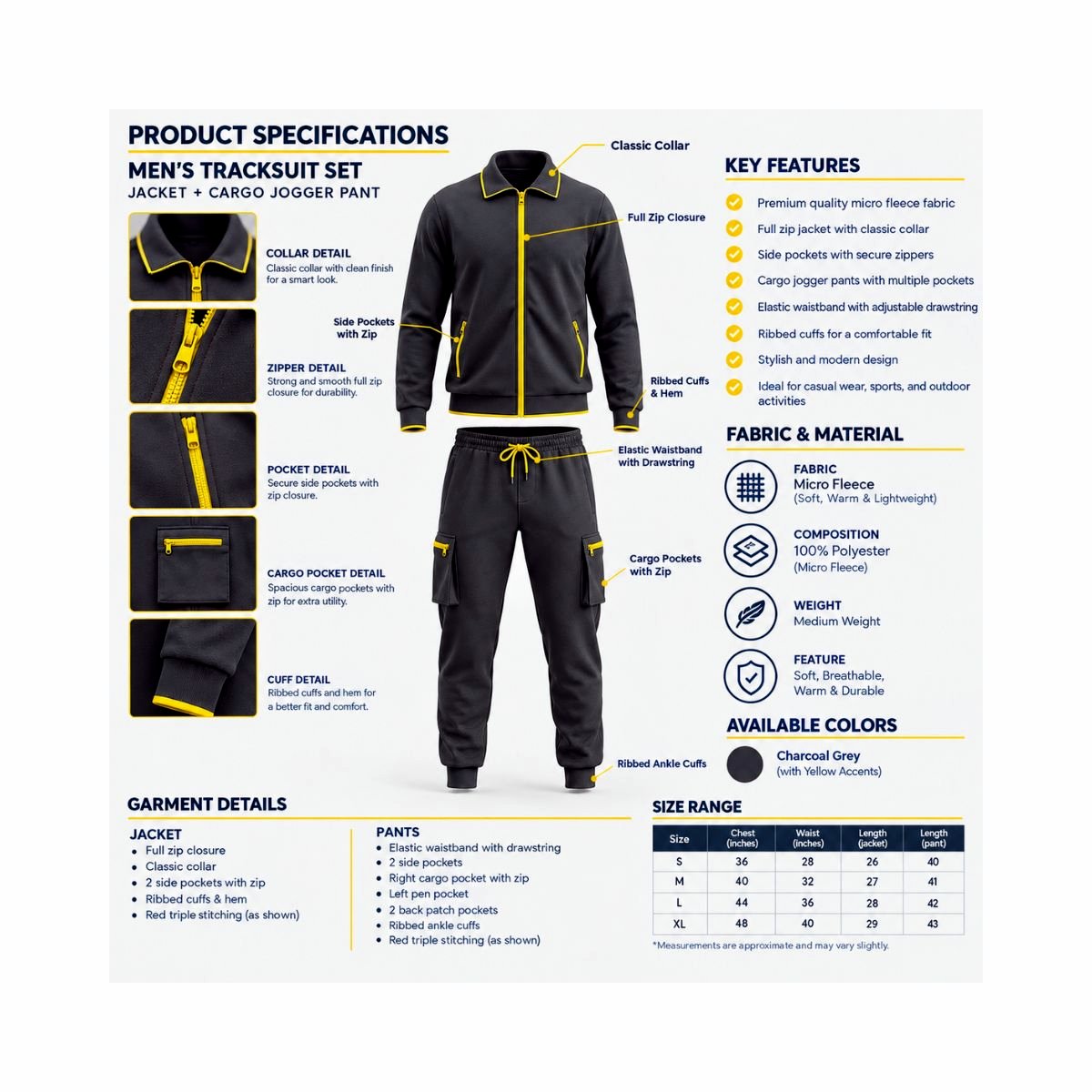 Men's Charcoal Grey Micro Fleece Tracksuit Set – Full Zip Jacket & Cargo Jogger Pants with Yellow Ac