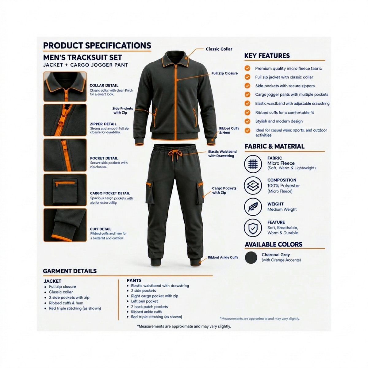 Men's Charcoal Grey Micro Fleece Tracksuit Set – Full Zip Jacket & Cargo Jogger Pants with Orange Ac