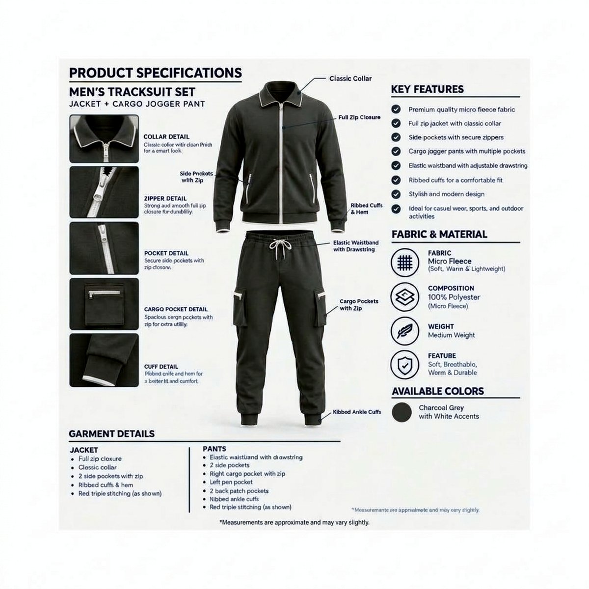 Men's Charcoal Grey Micro Fleece Tracksuit Set – Full Zip Jacket & Cargo Jogger Pants with White Acc