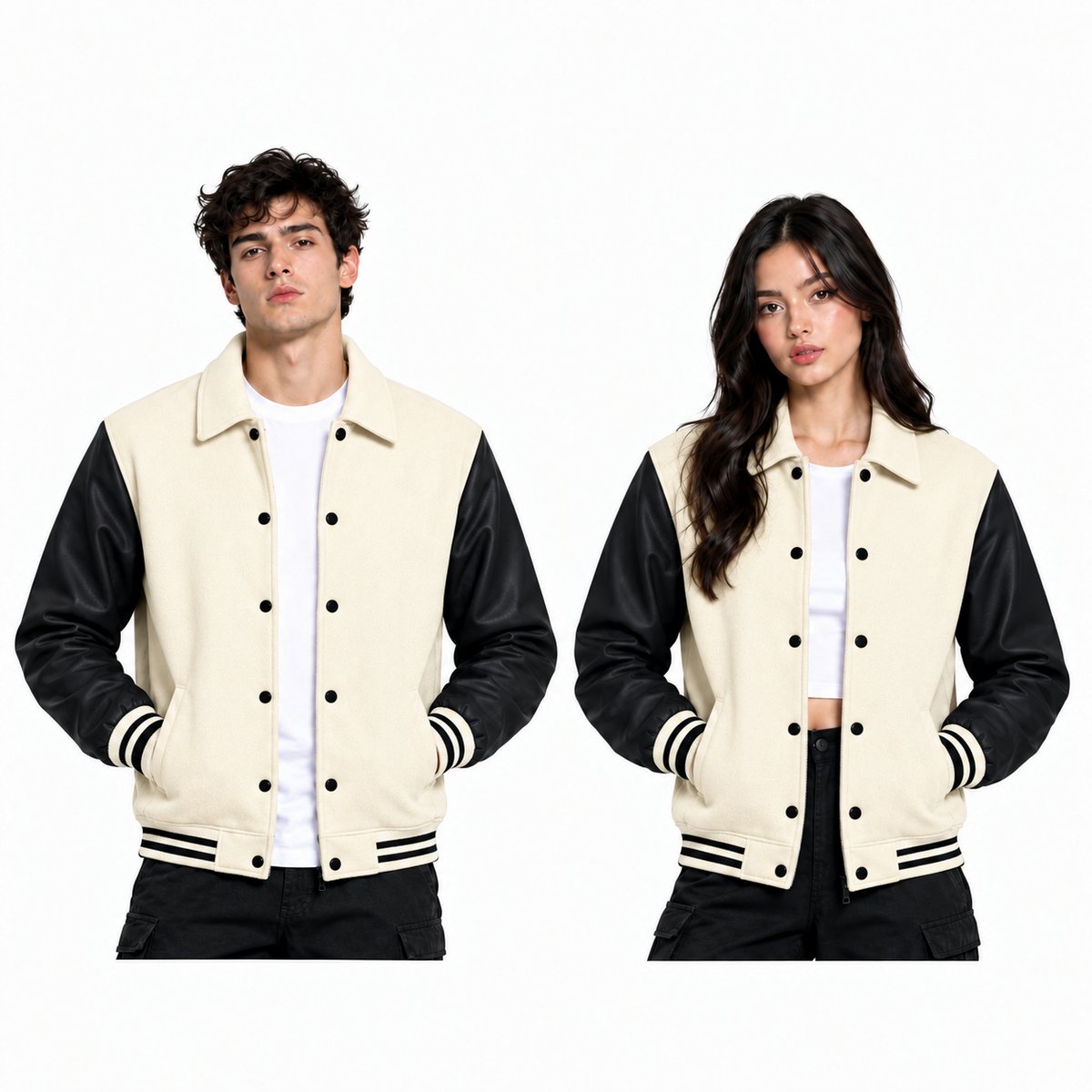 Creme Varsity Jacket with Leather Sleeves, Custom Color Bomber Jacket, Unisex Streetwear