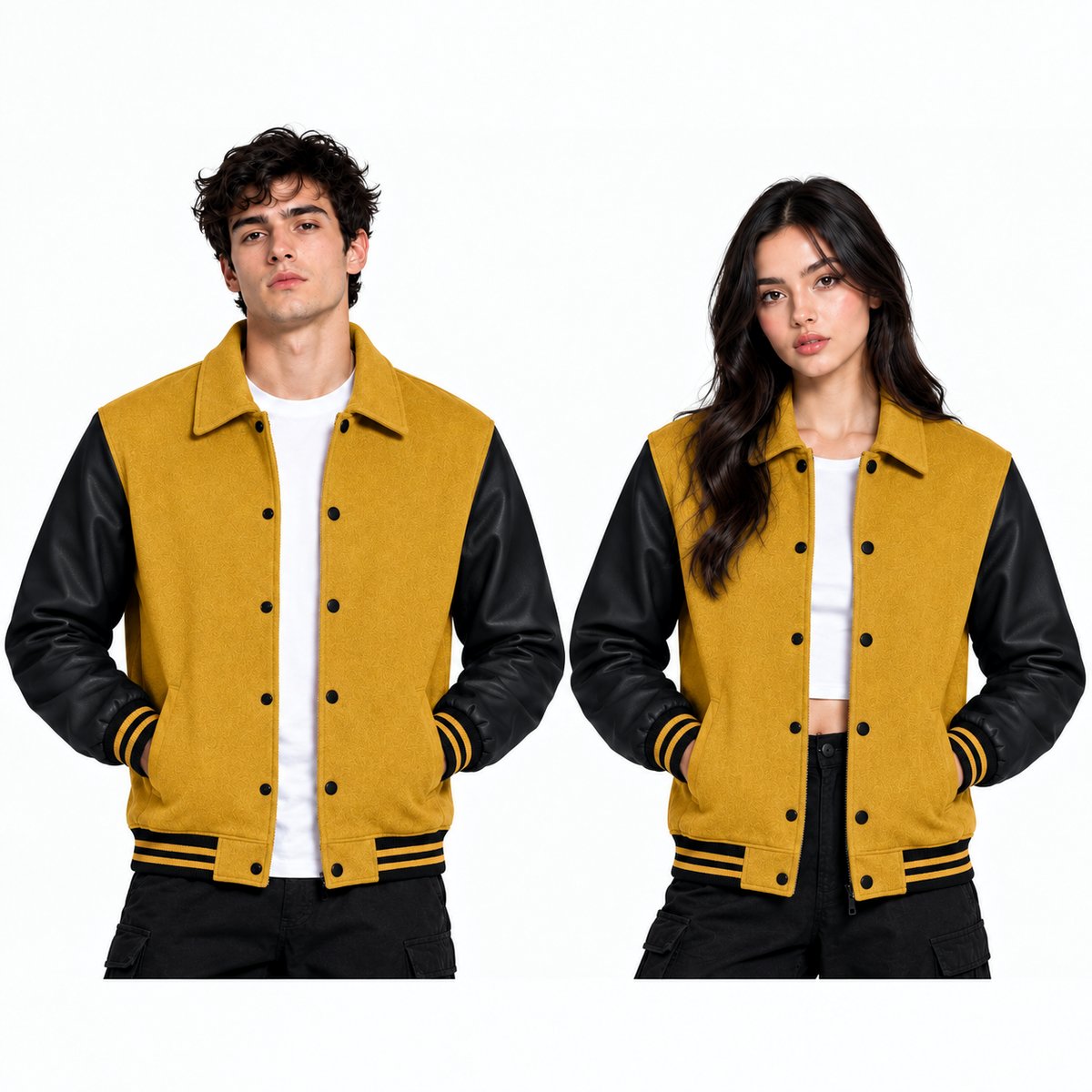 Gold Varsity Jacket with Leather Sleeves, Custom Color Bomber Jacket, Unisex Streetwear