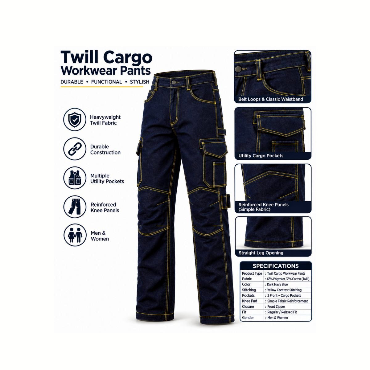 Men's & Women's Twill Cargo Workwear Pants,Navy Blue Utility Trousers with Yellow Contrast Stitching