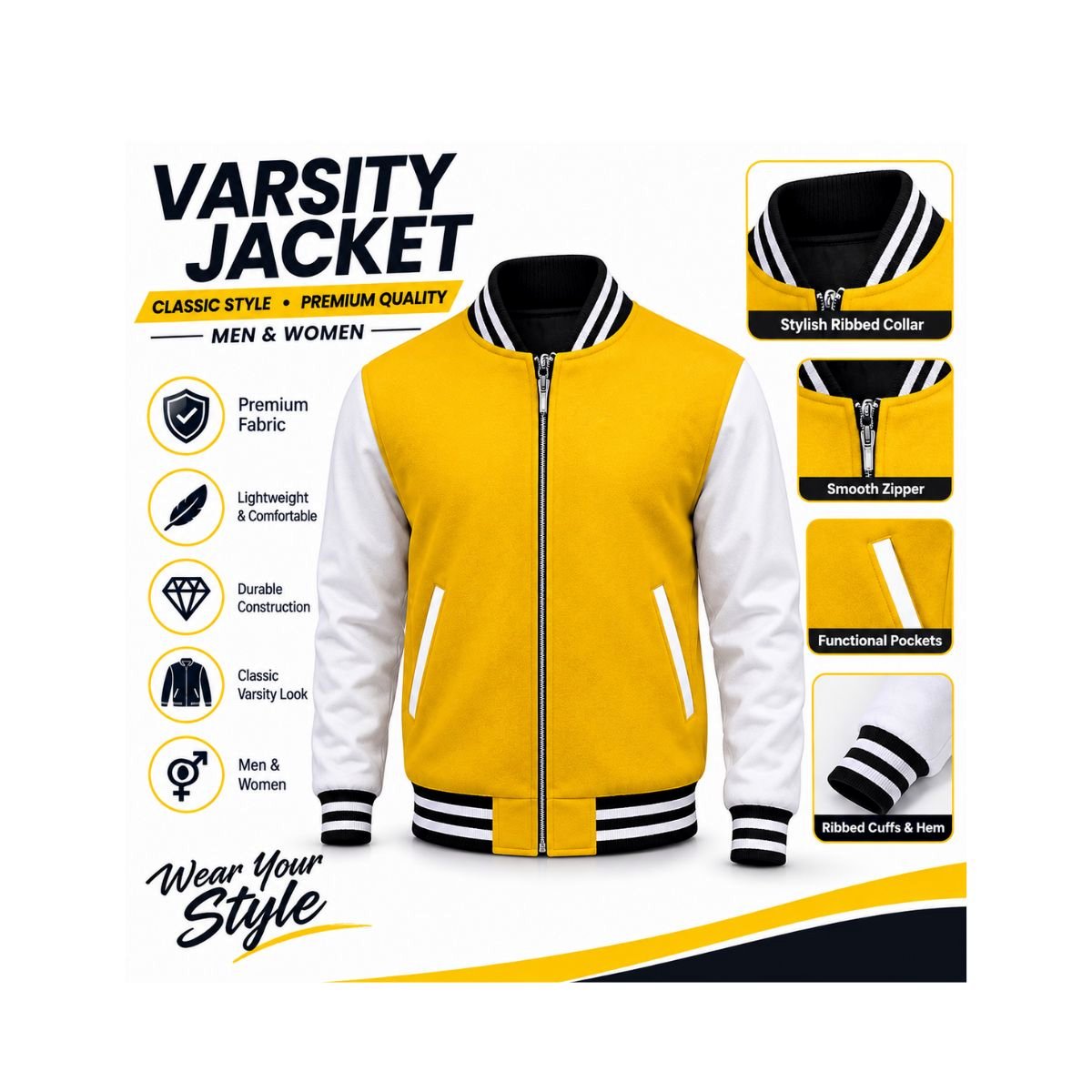 Yellow Varsity Jacket for Men, Women & Kids – Classic Baseball Bomber Jacket